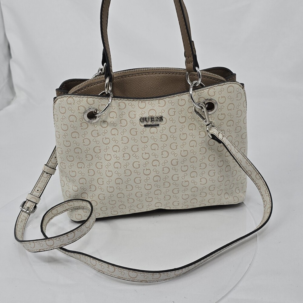 GUESS Logo Signature Shoulder Bag/Satchel Cream/Beige Synthetic PVC